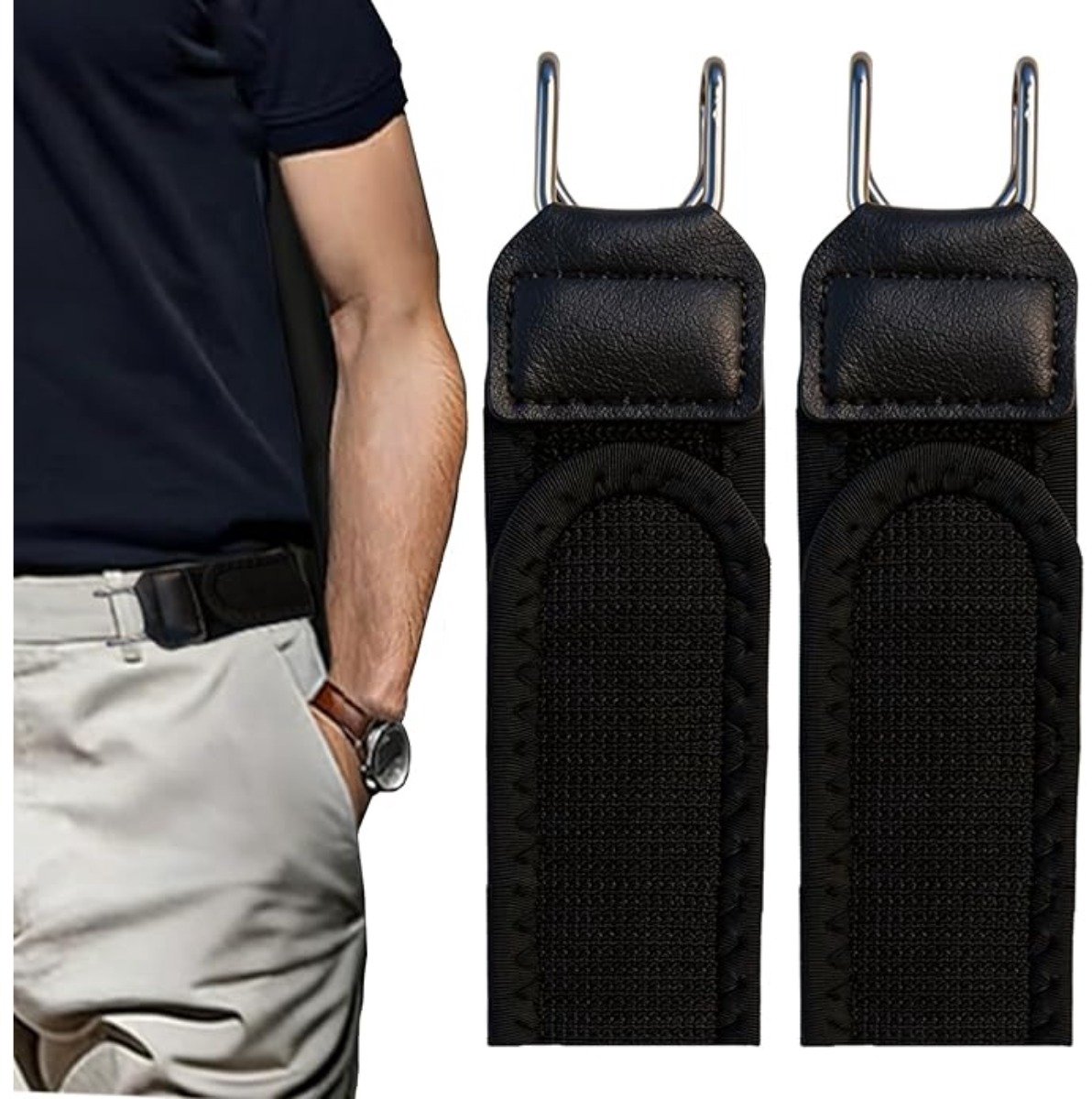 Haak-en-lus taillegesp 2-pack — Elastische riem zonder gesp met verstelbare metalen haak, ademende onzichtbare tailleband voor broek en jeans