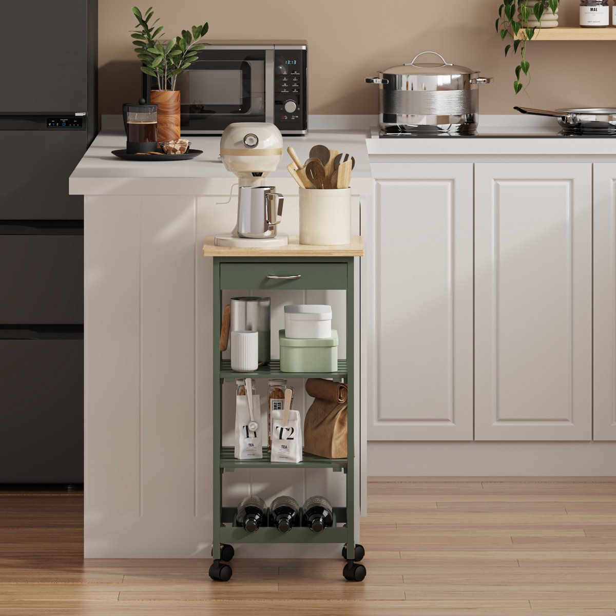 Serveerwagen Bolmanralu 76x37x37 cm groen naturel en zwart [en.casa]