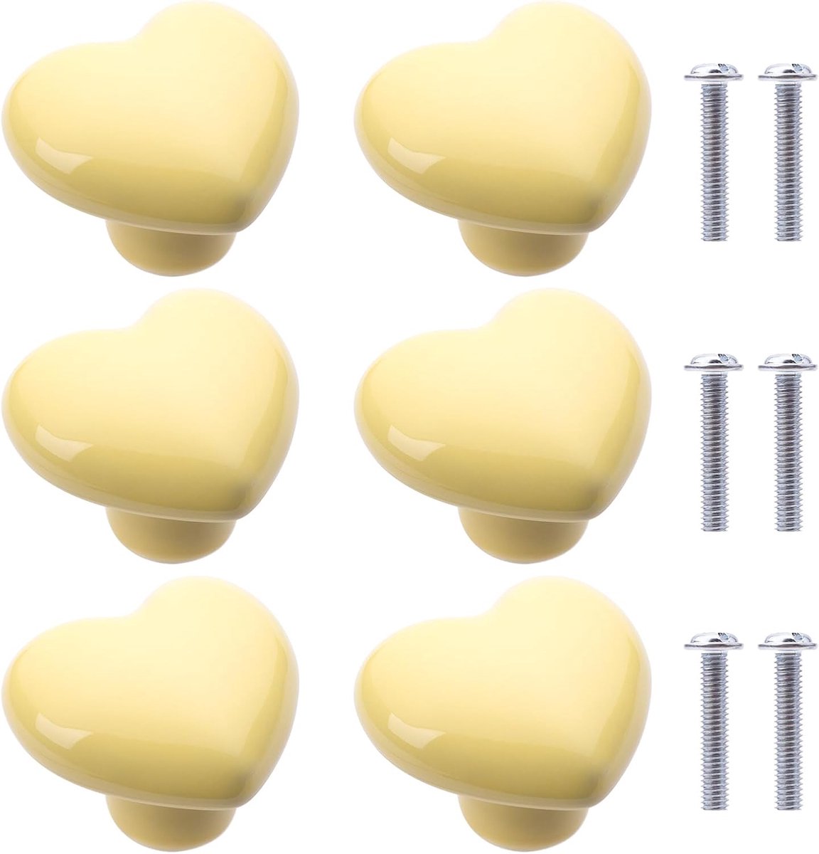 Meubelknoppen Set - Keramische Hartvormige Handgrepen - 6 Stuks - Lichtgeel Decoratief Beslag - Voor Kinderkamer En Keukenkasten - Schattig Design
