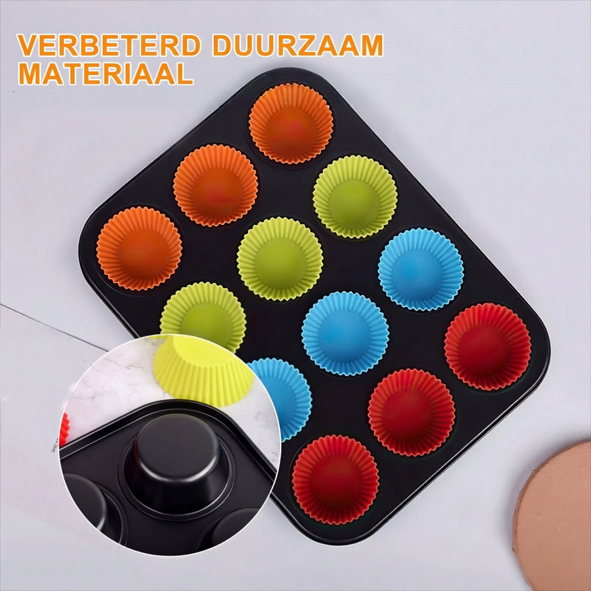 Bakplaat & Muffinvormen - 2x 12-Vaks Ronde Muffin Bakvorm Set|Anti-aanbak Koolstofstaal Bakplaat + 24 Siliconen Cups|Bakken & Dessertvorm – foto 2
