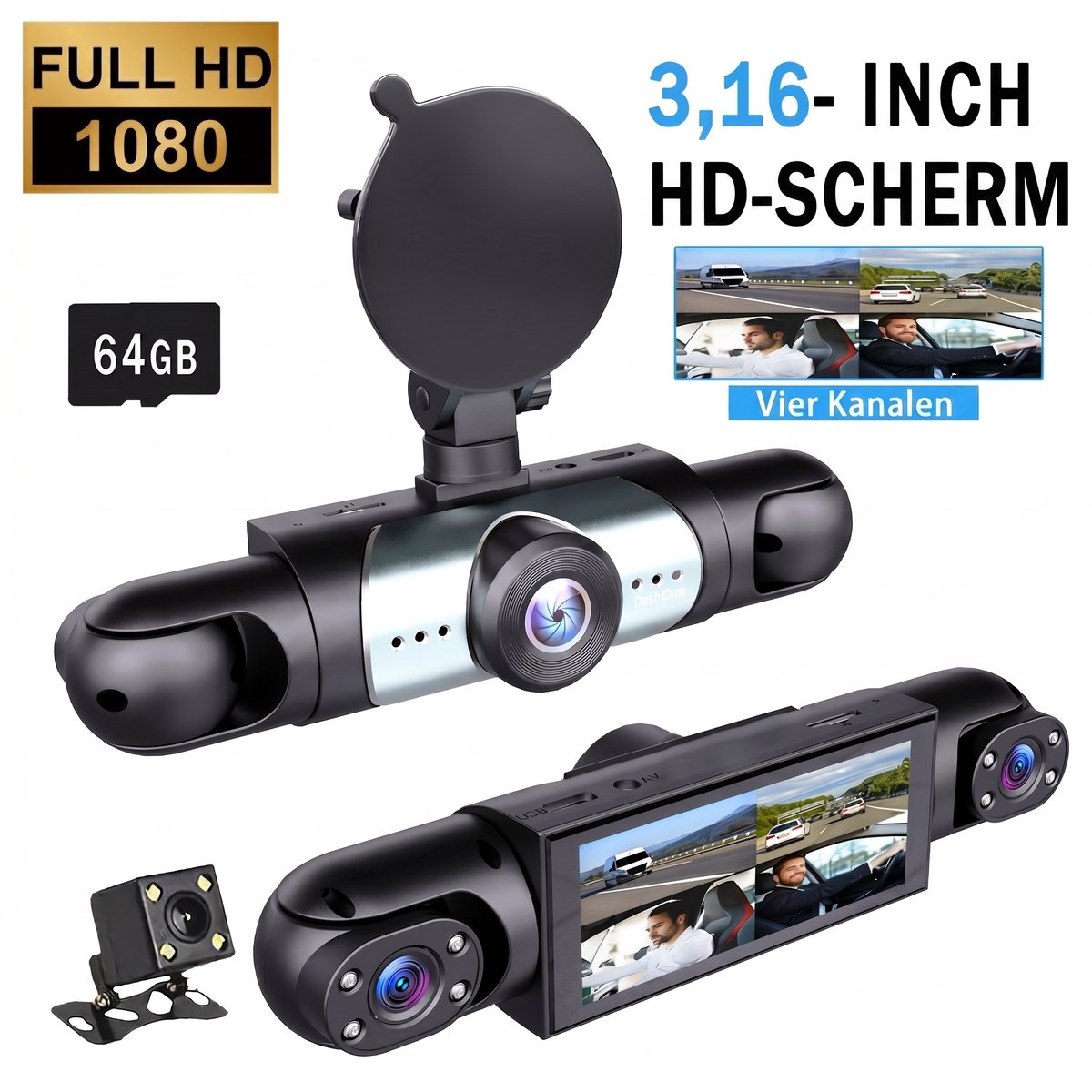 Sogiol® Dashcam Auto - 4 Lenzen (Voor, Achter, Links, Rechts) - 1080P Full HD - WiFi & GPS - Dashcams - Nachtzicht - G-Sensor - Parkeerbewaking - 3,16 Inch met App - Incl. 64GB SD-Kaart