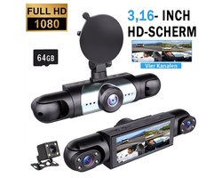 Dashcam Auto - 4 Lenzen (Voor, Achter, Links, Rechts) - 1080P Full HD - WiFi & GPS - Dashcams - Nachtzicht - G-Sensor - Parkeerbewaking - 3,16 Inch met App - Incl. 64GB SD-Kaart