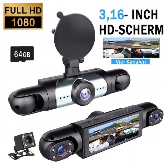 Sogiol® Dashcam Auto - 4 Lenzen (Voor, Achter, Links, Rechts) - 1080P Full HD - WiFi & GPS - Dashcams - Nachtzicht - G-Sensor - Parkeerbewaking - 3,16 Inch met App - Incl. 64GB SD-Kaart