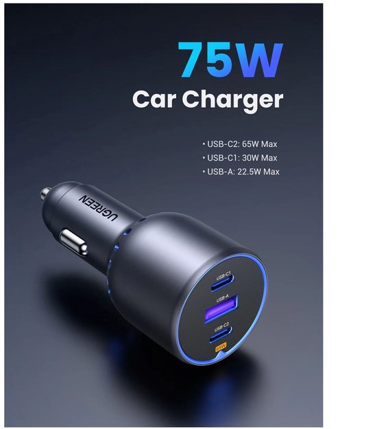 Grijze 75W auto-oplader met 3 poorten: USB-C2 (65W), USB-C1 (30W) en USB-A (22.5W). Blauwe ringen lichten op.