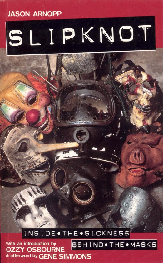 Boekomslag Slipknot met diverse maskers, waaronder clown, gasmaskers en een varkensmasker.