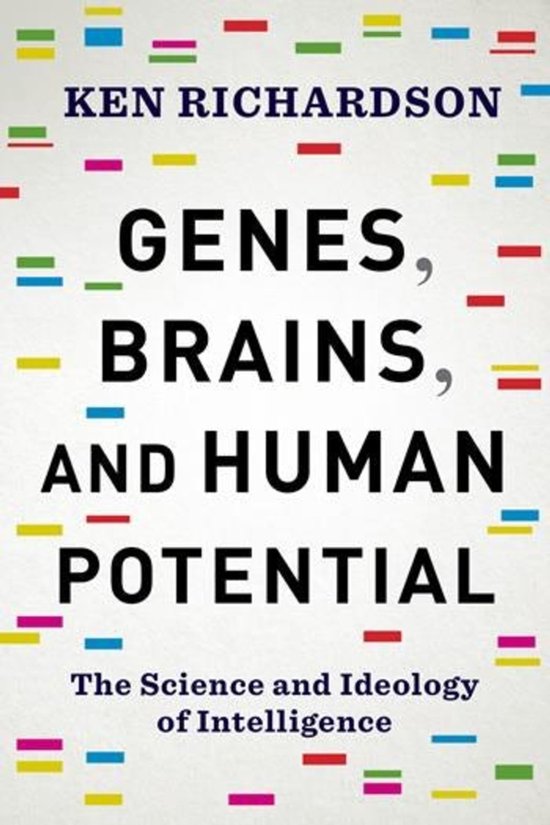 Boek "Genes, Brains, and Human Potential" van Ken Richardson, met gekleurde strepen.