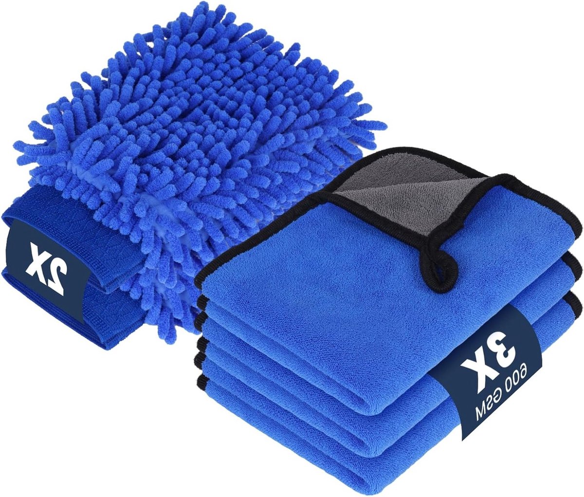 Complete Auto Reinigingsset - 3 Microvezeldoeken, 2 Doeken en Chenille Was Handschoen voor Effectieve Droog- en Schoonmaakoplossingen
