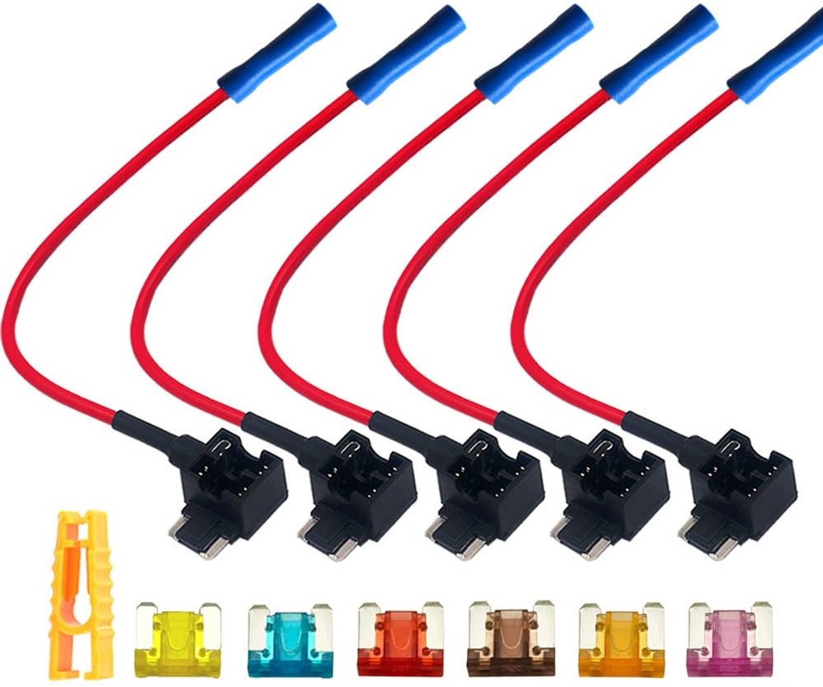 5 Stuks Premium 12V/24V Low Profile Fuse Tap met Piggyback Blade Fuse Houder en 6 Micro Blade Fuses voor Eenvoudige Installatie en Betrouwbare Verbindingen