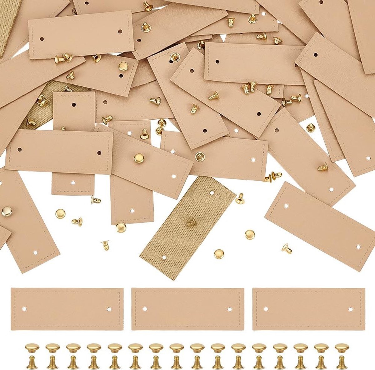 60 Sets PU Leer Etiketten 2x5cm Beige Handgemaakte Labels met Nieten voor Jeans, Schoenen en Tassen - DIY Embossed Labels voor Creatieve Projecten