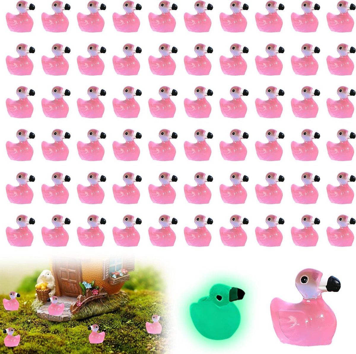 Decoratieset met 60 mini flamingo's - 1.5x1.5 cm - Roze, Glow in the Dark - Perfect voor Mini Tuinen, Poppenhuizen en Taartdecoratie