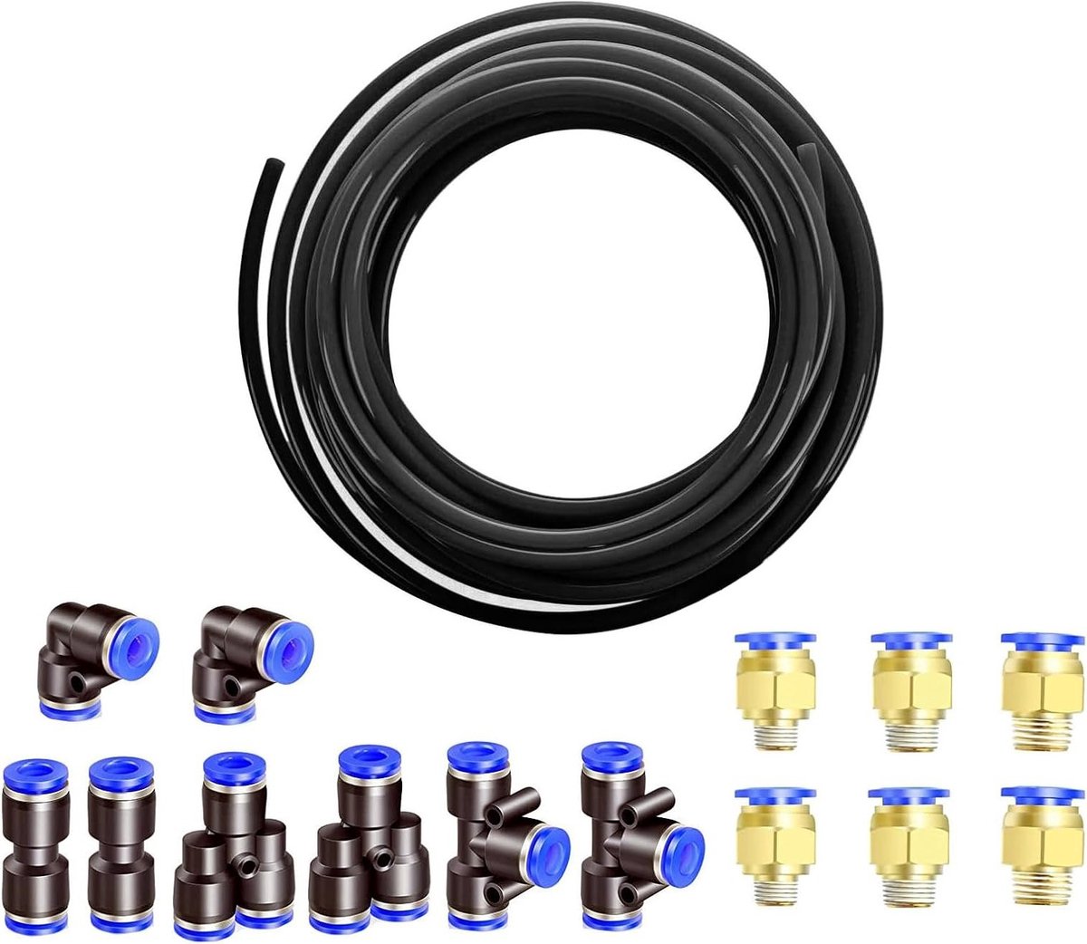 Pneumatische PU Slang 10 m, Flexibele Gecomprimeerde Lucht Slang, 10 mm Buiten, 6.5 mm Binnen, Zwart met 8 Stuks 4 mm Pneumatische Aansluitingen en Snelle Koppelingen