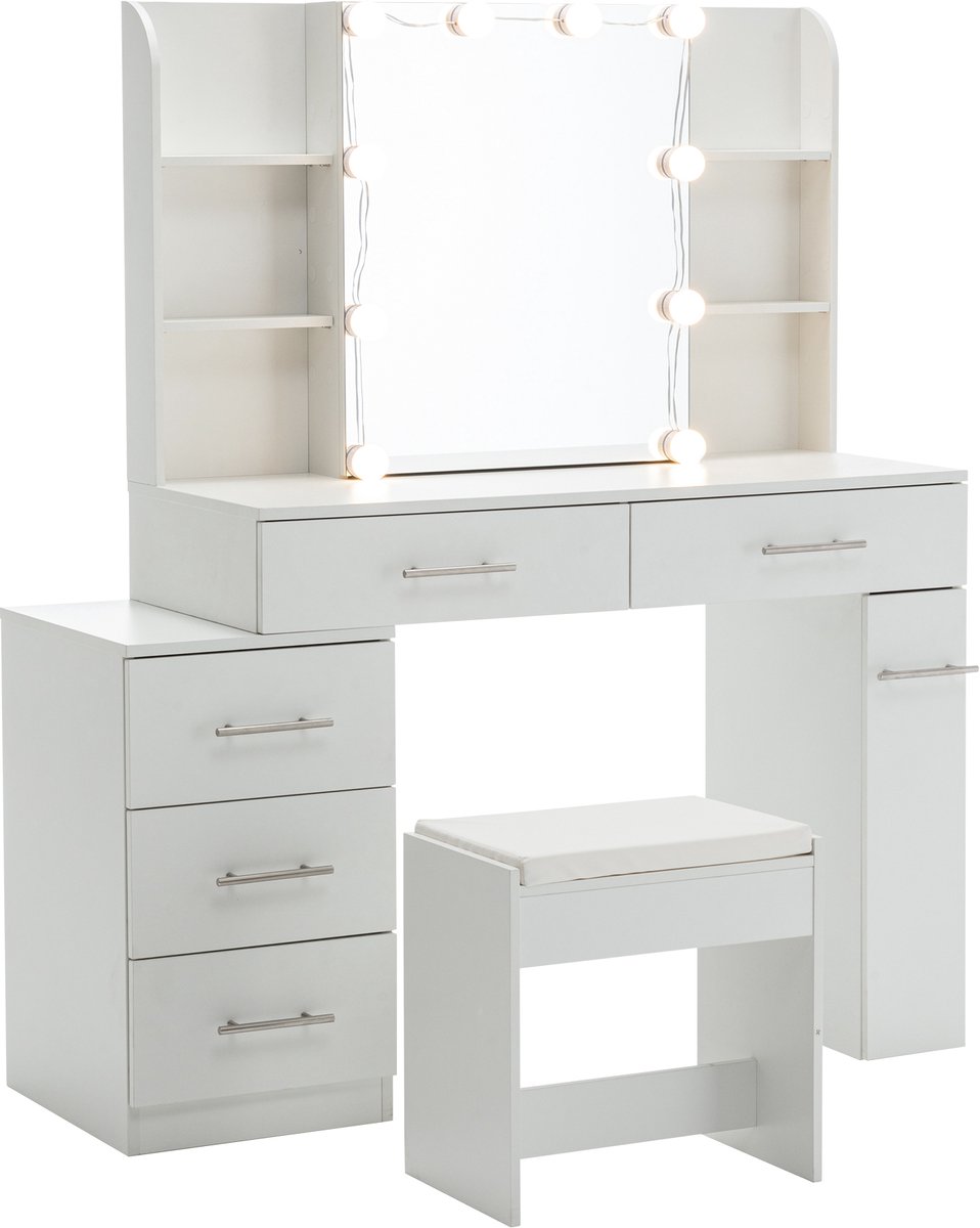 YYchan Kaptafel - Make-up Tafel met Verborgen Kast & Hoekplanken - met Spiegel en Verlichting - 10 LED Lampen - 100x40.5x136 cm - Wit