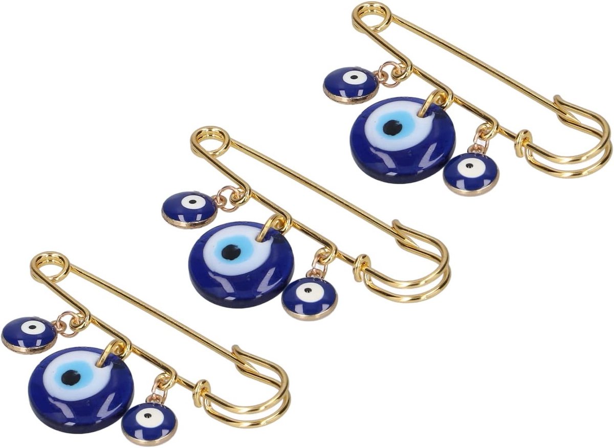 Exclusieve Multifunctionele Veiligheidsspelden voor Kleding en Tassen met Blauwe Oog Hangers en Glasparels - Set van 3 Stuks