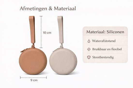 Speen Etui Set van 2 – Siliconen Speenhouder Opberg Etui met Rits – Bruin & Licht Taupe – Voor 2 Spenen of Speenkoord – Waterafstotend – 9 cm — afbeelding 3