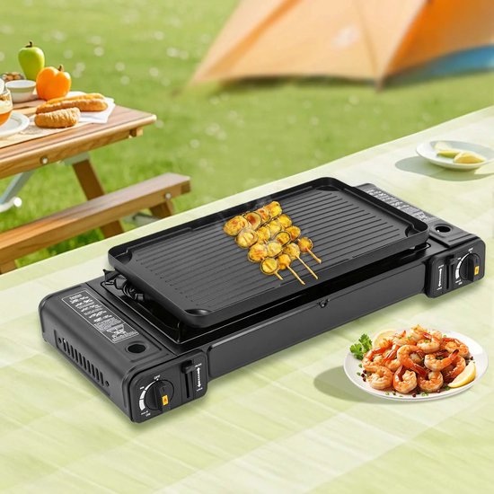 Allero Kooktoestel Camping - Camping BBQ - Fornuis 2 pits - Tafel BBQ - Campingkachel - Zwart - 28,5x66x11,5 cm - Draagbaar van Merkloos — afbeelding 2