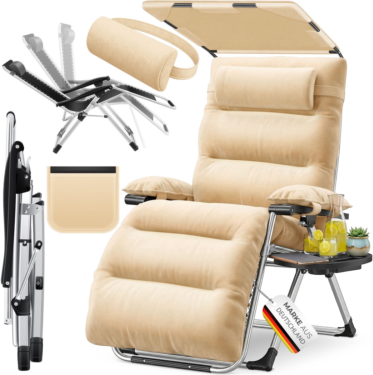 KESSER Luxe Ligstoel – Extra Breed & Comfortabel – Dikke Kussens, Armleuningen, Hoofdkussen, Bijzettafel & Opbergvakken – Ergonomisch & Antislip – Tuin of Balkon – Beige