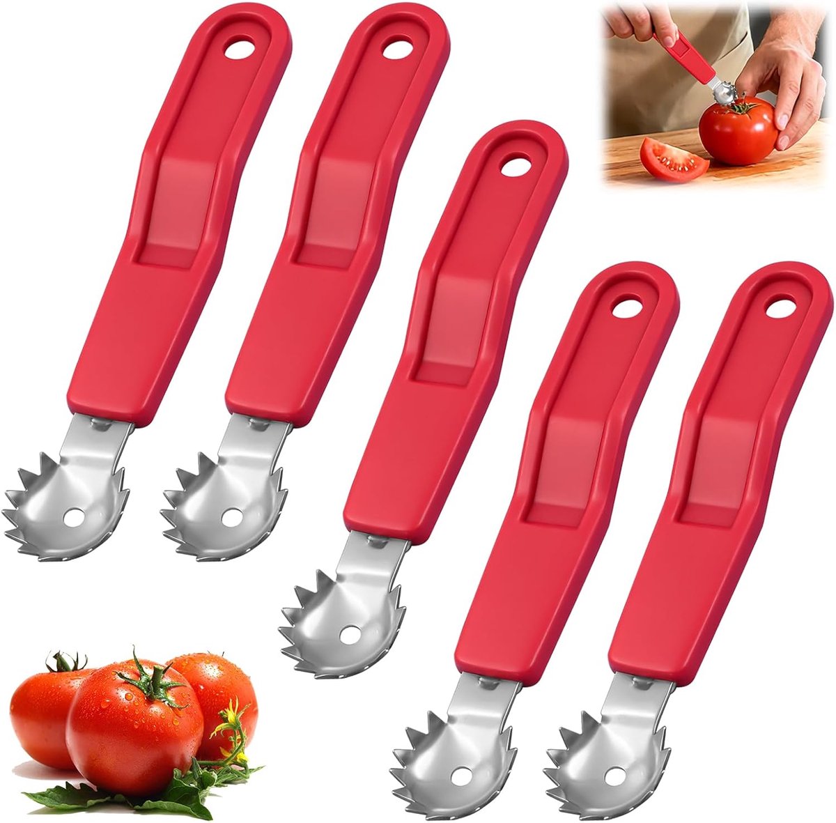5-delige set voor het ontpitten van tomaten en aardbeien, met geperforeerde handgreep, gemaakt van roestvrij staal, geschikt voor het ontpitten van tomaten, aardbeien en ander fruit.