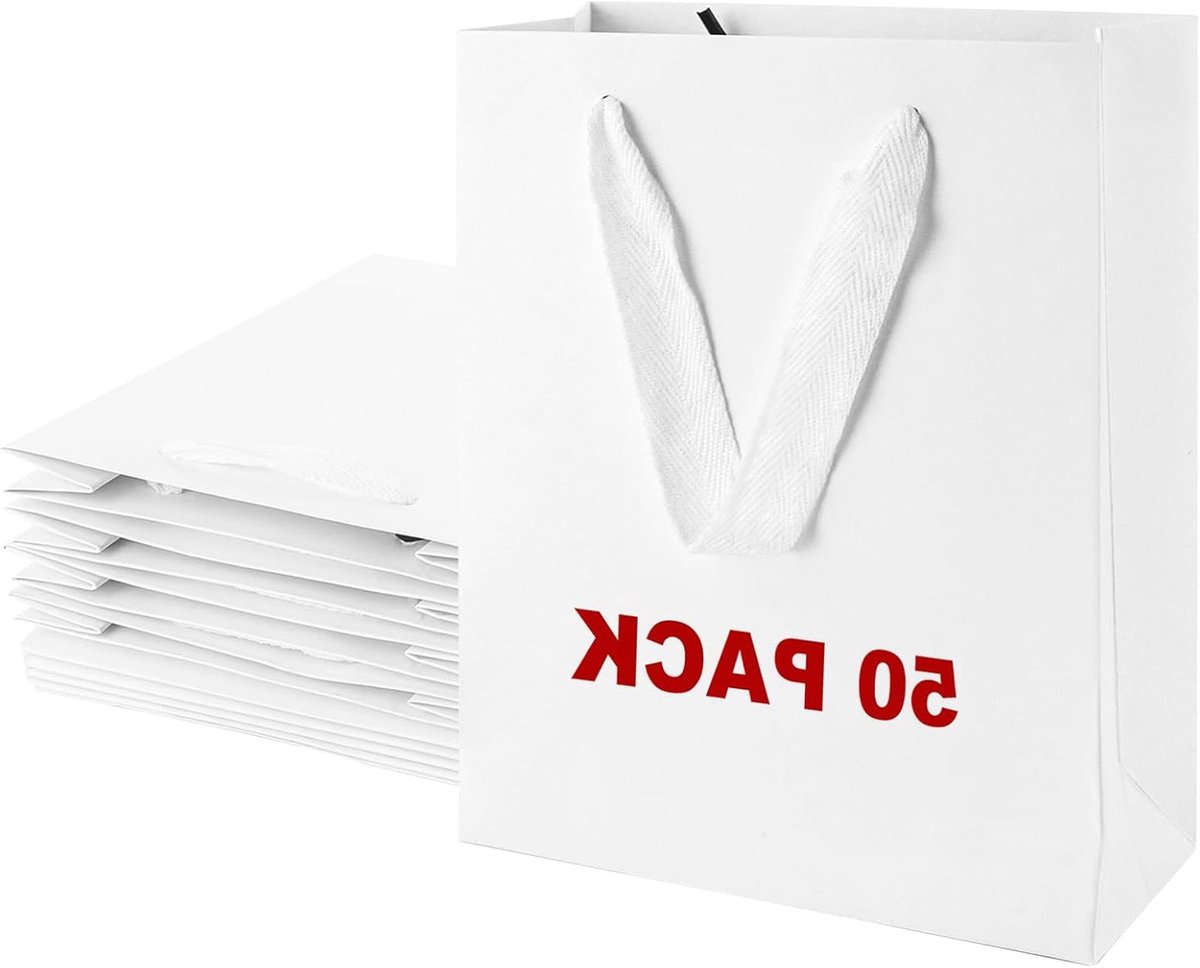 Set van 50 Papieren Cadeauzakken 15 x 6 x 20 cm, Herbruikbare Zakjes met Handvat voor Feesten, Verjaardagen en Kerstmis