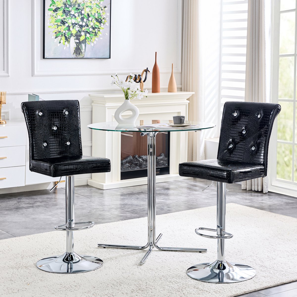 Wishdor Barkruk - Verstelbare Zithoogte, Waterbestendige PVC-Bekleding En Schuimvulling - Vintage Ontwerp Met Kristaldetails - Voor Keuken, Eethoek Of Bar - Zwart - Stevige Constructie Tot 136 Kg