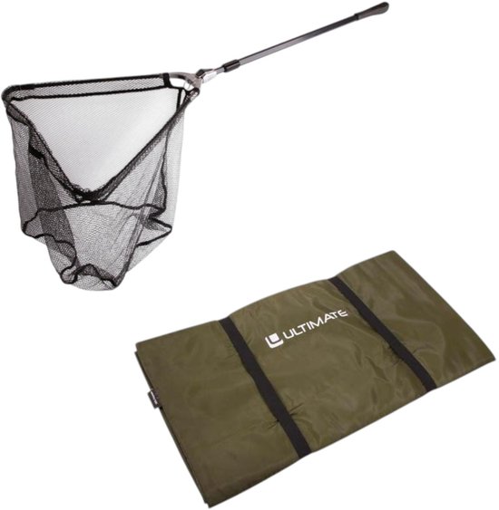 Zwarte visnet met zilveren handvat en opgevouwen olijfgroene mat met 'ULTIMATE' logo.