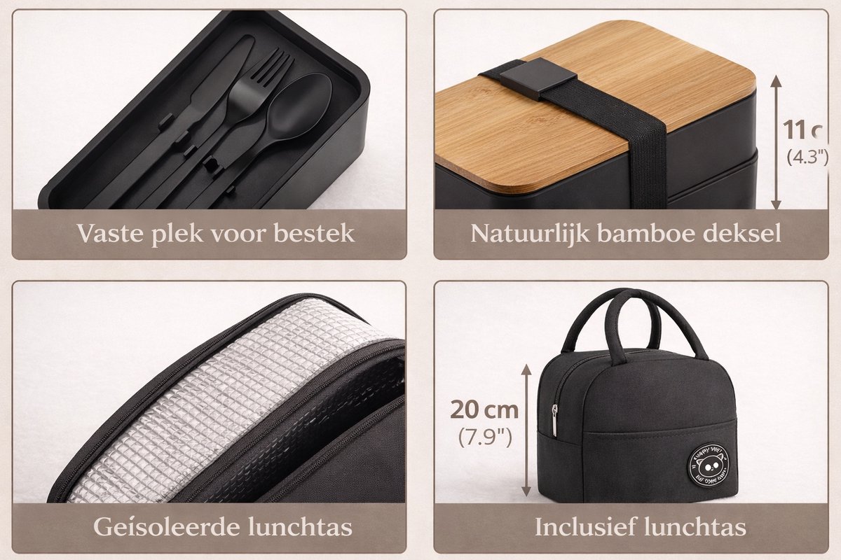 Lunchbox Set met Tas – 2 Laags Lunchbox (1200 ml) met Bamboe Deksel & Bestek – Inclusief Geïsoleerde Draagtas – Zwart — cadeau in Koken & Dineren - foto 6