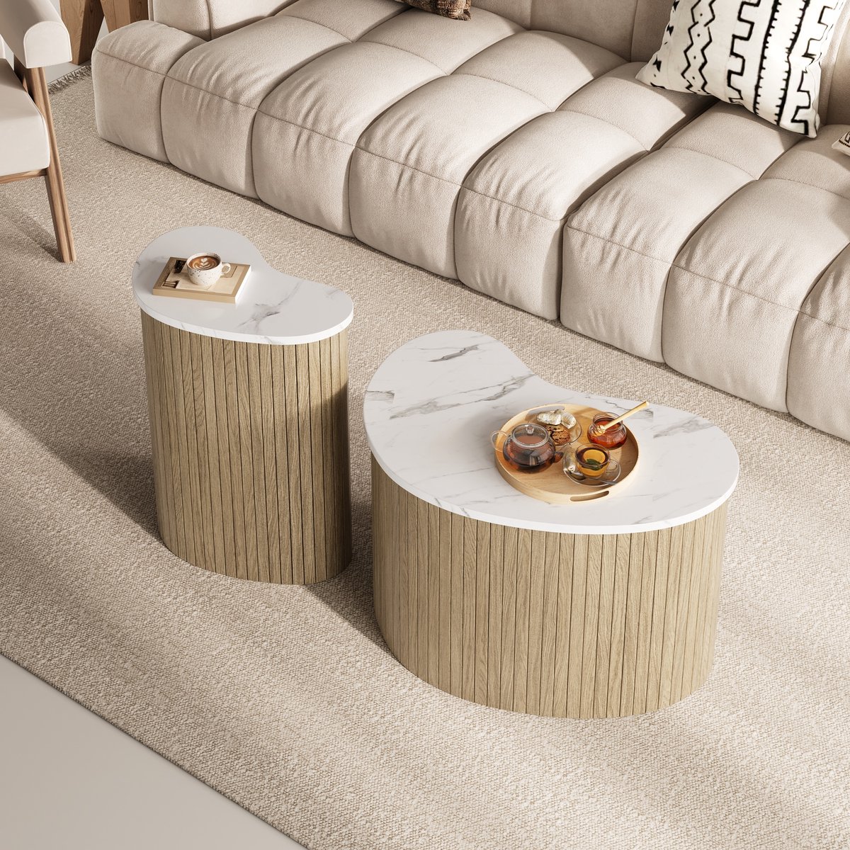 MODENUIT Salontafelset - Gebogen Blad Voor Woonkamer En Slaapkamer - MDF In Wit En Natuur - 60x37x38 En 40x25x50 Cm