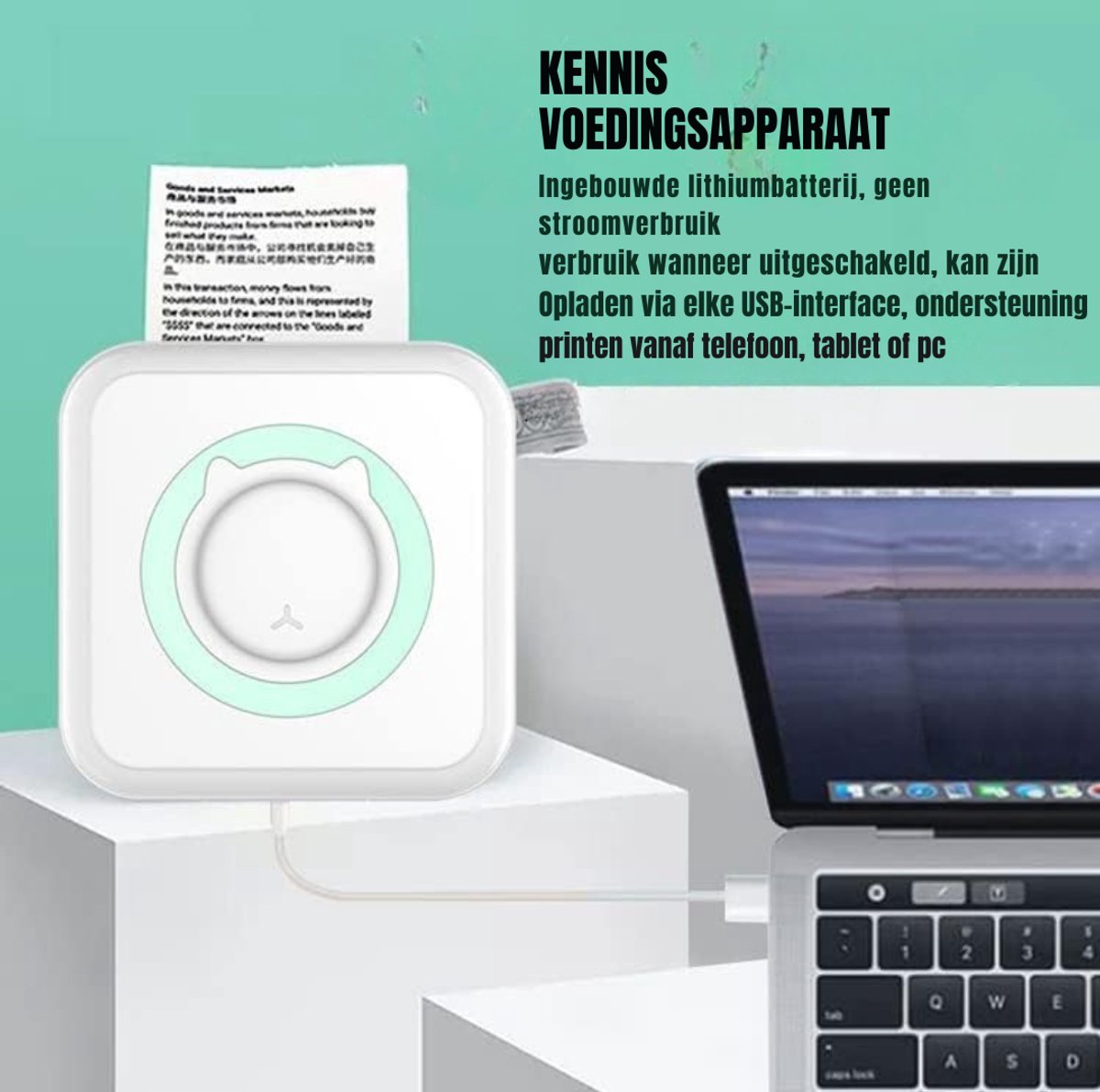 Aura® Mini Printer – Inclusief Thermisch/Zelfklevend/Etiket-Papier, USB-kabel, Aquarelpen, Transparant Sticke – Foto Printer Draadloos – Mobiele Fotoprinter - Wit/Mintgroen - 10cm x 10cm x 4cm thumbnail 6