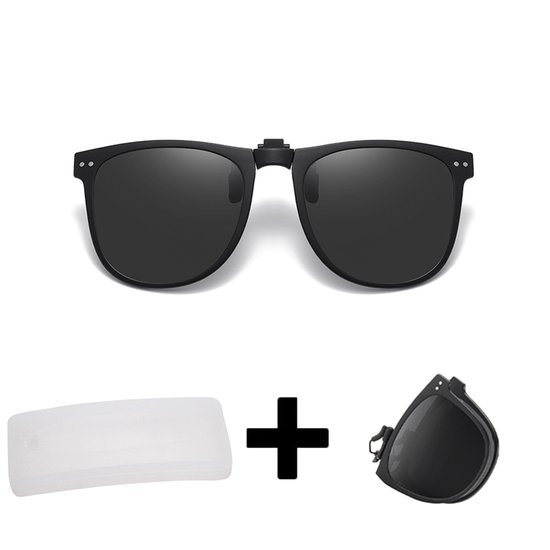 Lunettes de soleil noires clip-on avec étui de rangement et lunettes pliées.