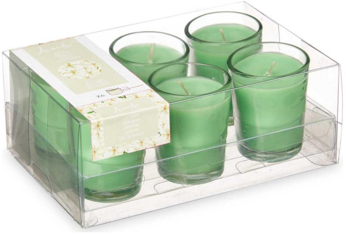 Arte regal geurkaarsen - 6x - jasmijn geur - groen - 8 branduren - in glas - aroma kaars