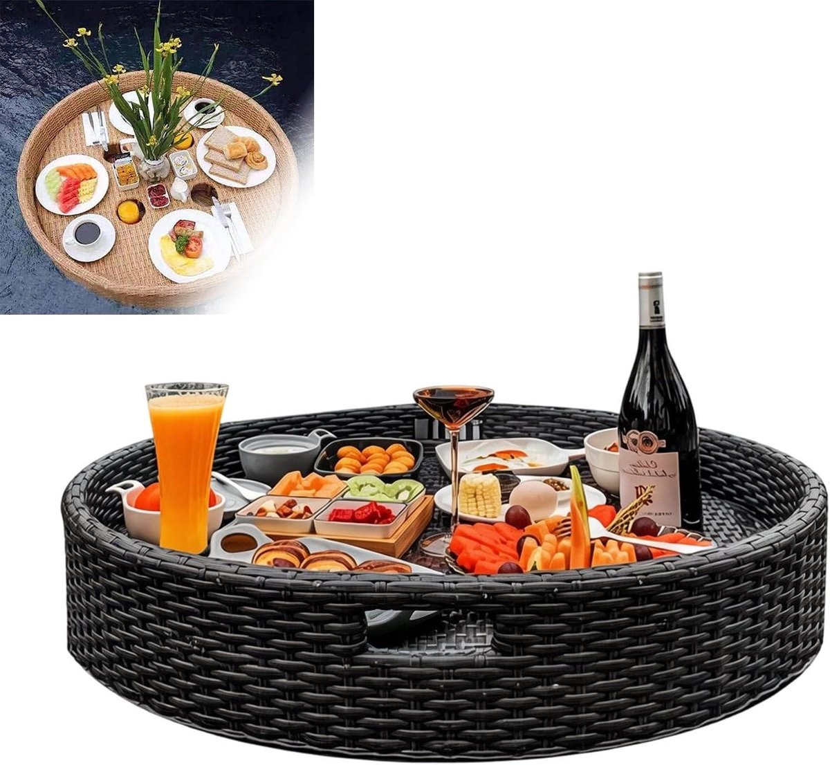 Drijvend Dienblad - Serveertafel Bar - Zwembad Ontspanning - Rotan Constructie - 80 cm Diameter - Zwart