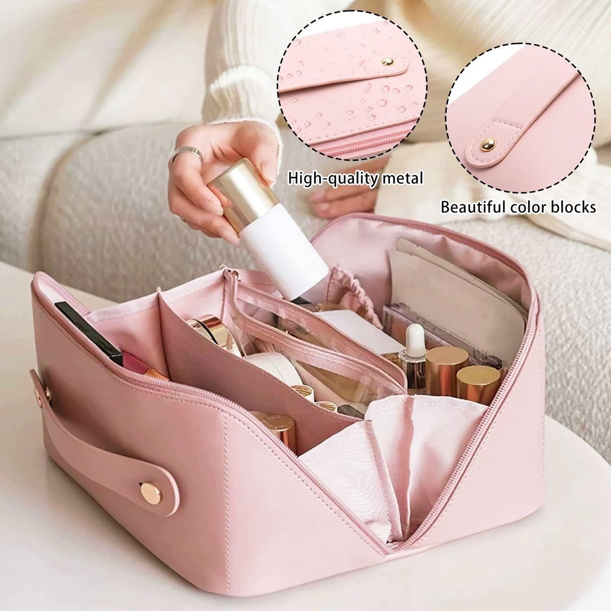 Dailygoods- Make-up Tas Grote Capaciteit - Make-up Tas Waterdicht - Make-up Tas 2 Stuks - PU Materiaal - Wit/Roze - Eenvoudig Ontwerp - Cosmetica Tas