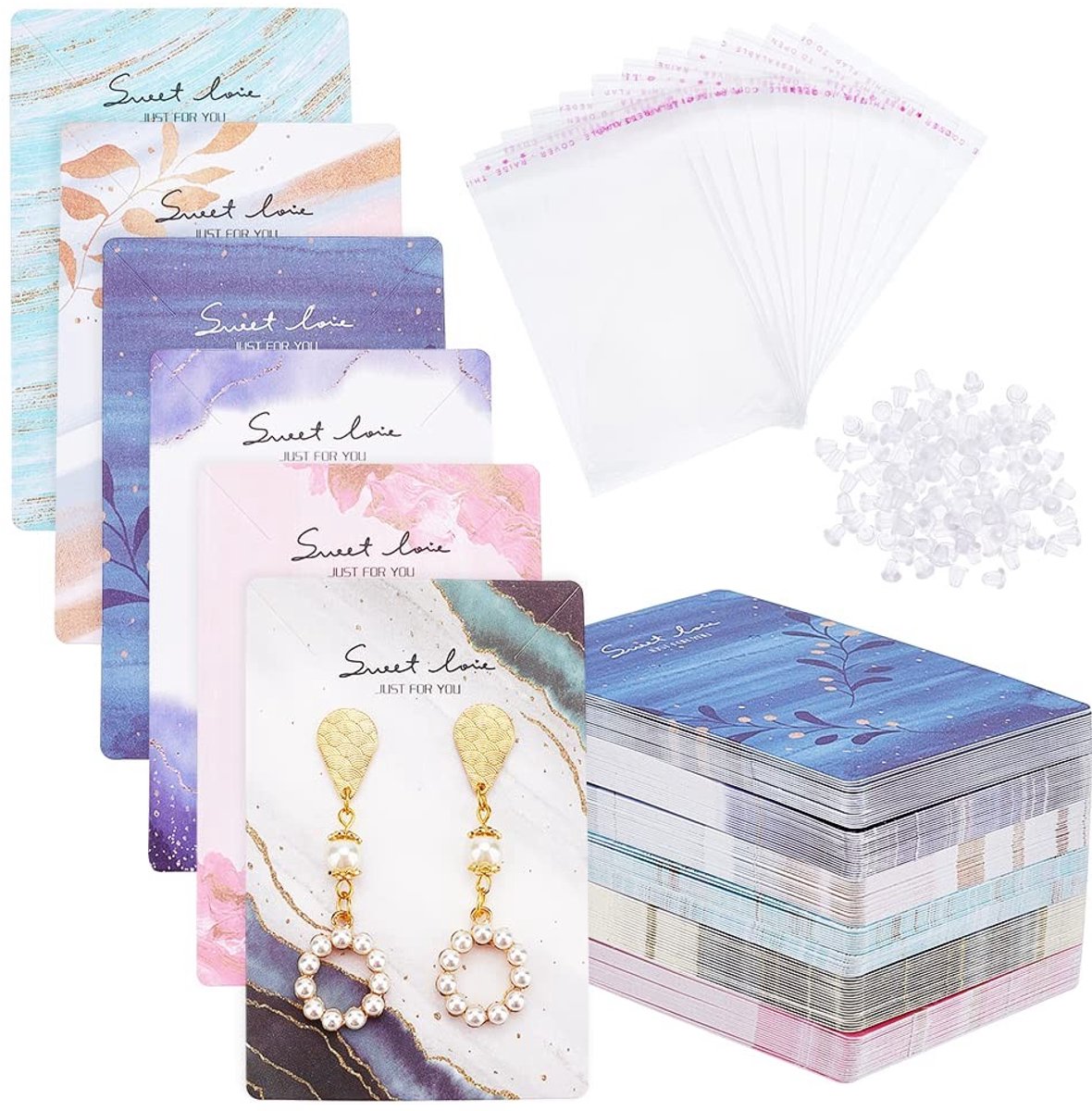 Dailygoods- Sieradenhouder Praktische Displayset - Sieraden Display Kaarten - Oorbellen Noten - Papieren Doos - OPP Zakken - 6 Kleuren - Sieradenpresentatie