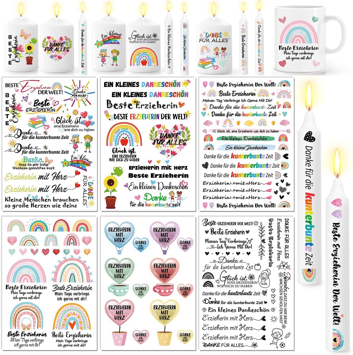 Dailygoods- Kaarsentatoeages 6 Vellen - Afscheidsgeschenk - Waterschuiffolie - Kaarsen - Spreuken - Creatieve Cadeaus - Kaarsentattoos