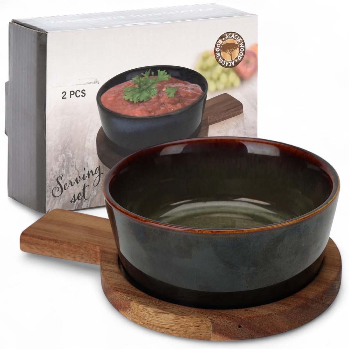 Dailygoods- Serveerschaal met Plank - Keramische Schaal Ø 8,5 cm - Acaciahouten Serveerplank - 2-delig Serveerservies - Vaatwasmachinebestendig - Serveerset