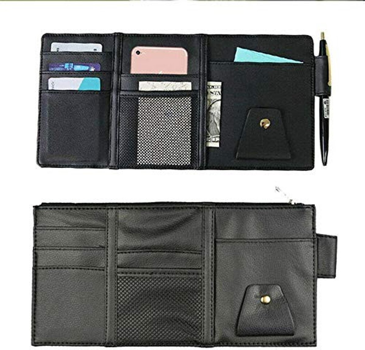 Dailygoods- Kaarthouder met ritssluiting - Auto Organizer - Zonneklep Organizer - PU-leer - Zwart - Praktisch ontwerp met meerdere zakken