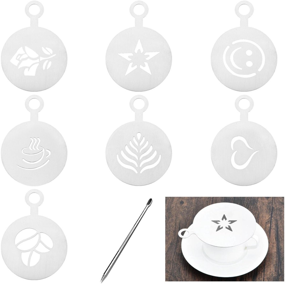 Dailygoods- Koffie-accessoires 7-delig - Roestvrij Stalen Stencils - Latte Art Sjablonen - Koffiedecoratie - Duurzaam - Inclusief Pen - Koffiesjablonen
