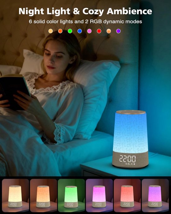 Wekker met licht - Slaapmachine Geluiden - Rustig Ontwaken - Meerkleurig Nachtlampje - Compact Ontwerp - Zwart — afbeelding 3