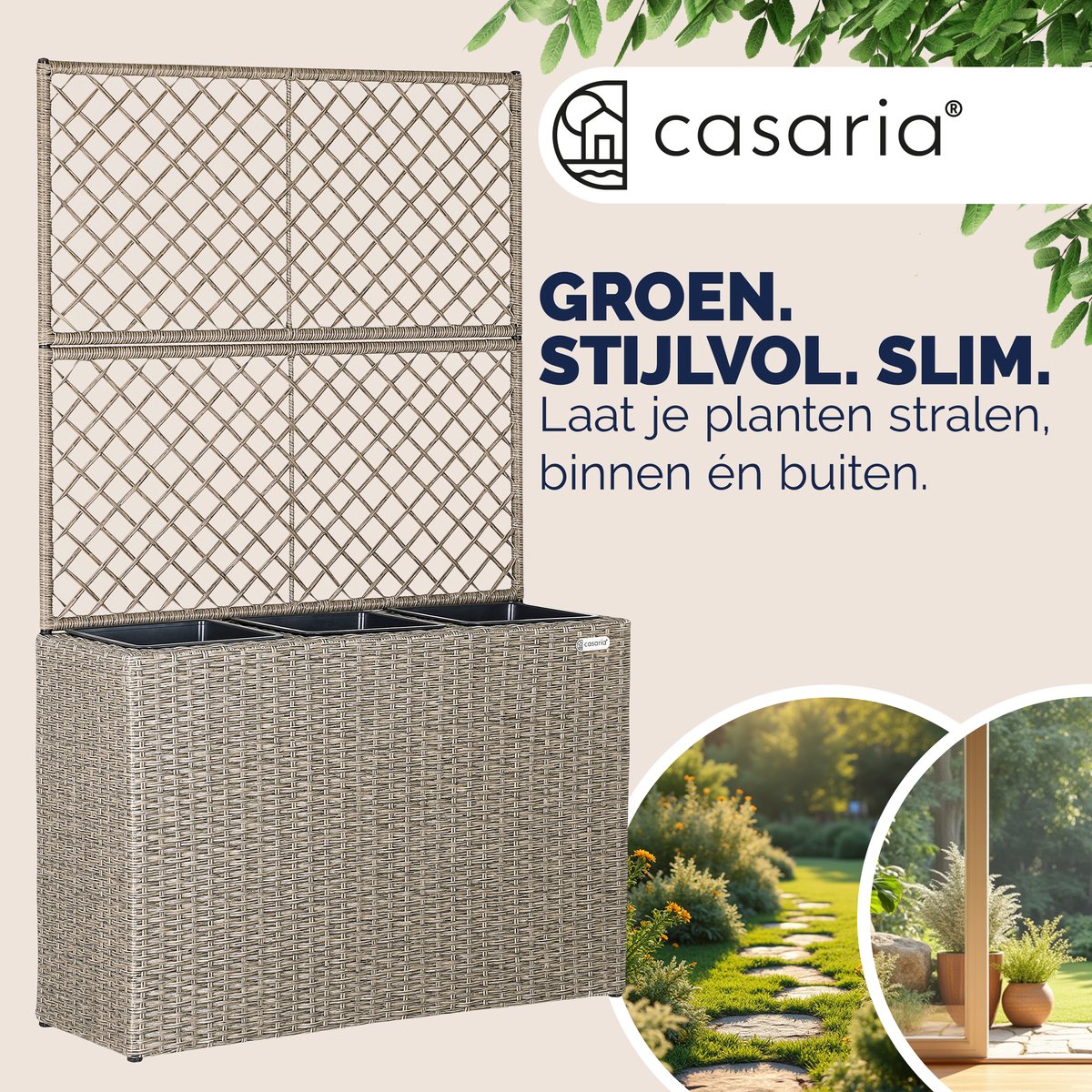 Casaria Polyrattan Plantenbak met Klimrek – 3 Bloembakken – 83x31x146 cm – Creme — afbeelding 5