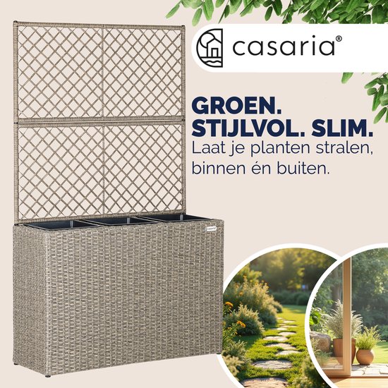 Crème plantenbak met klimrek, 'GROEN. STIJLVOL. SLIM.' tekst.