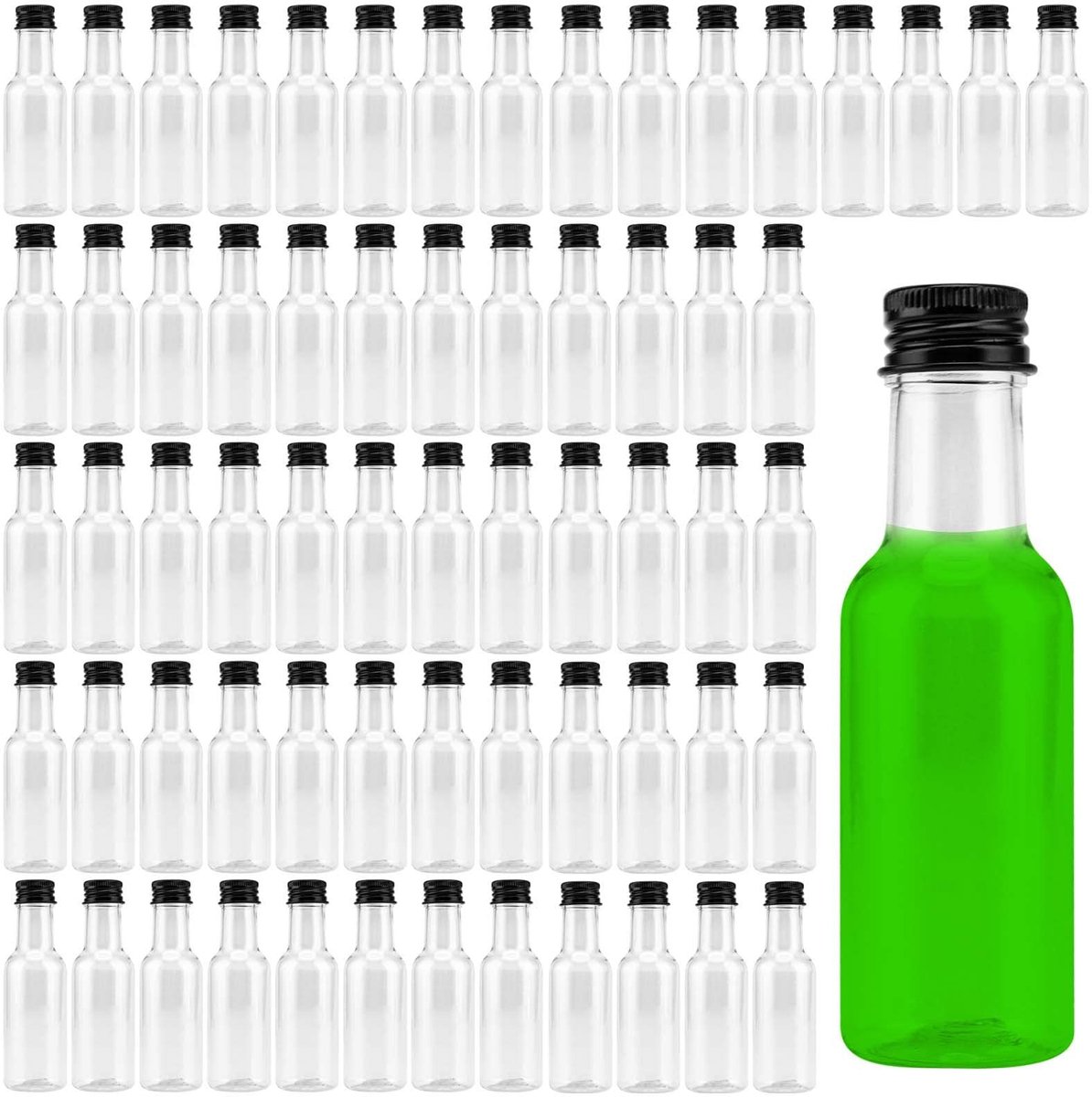Dailygoods- Spirit Flessen 70 Pack - 50ml Miniatuur Flessen - Vaatwasmachinebestendig - Herbruikbaar - Zwart Aluminium Deksel - Slijtvast Materiaal - Mini Flessen