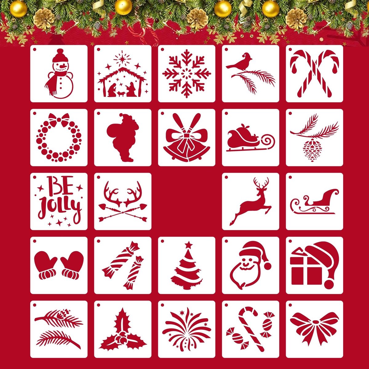 Dailygoods- Kerstsjablonen 24 Stijlen - Herbruikbaar - Kunststof - Duurzaam - Flexibel - Eenvoudig te Reinigen - Kerstdecoratie