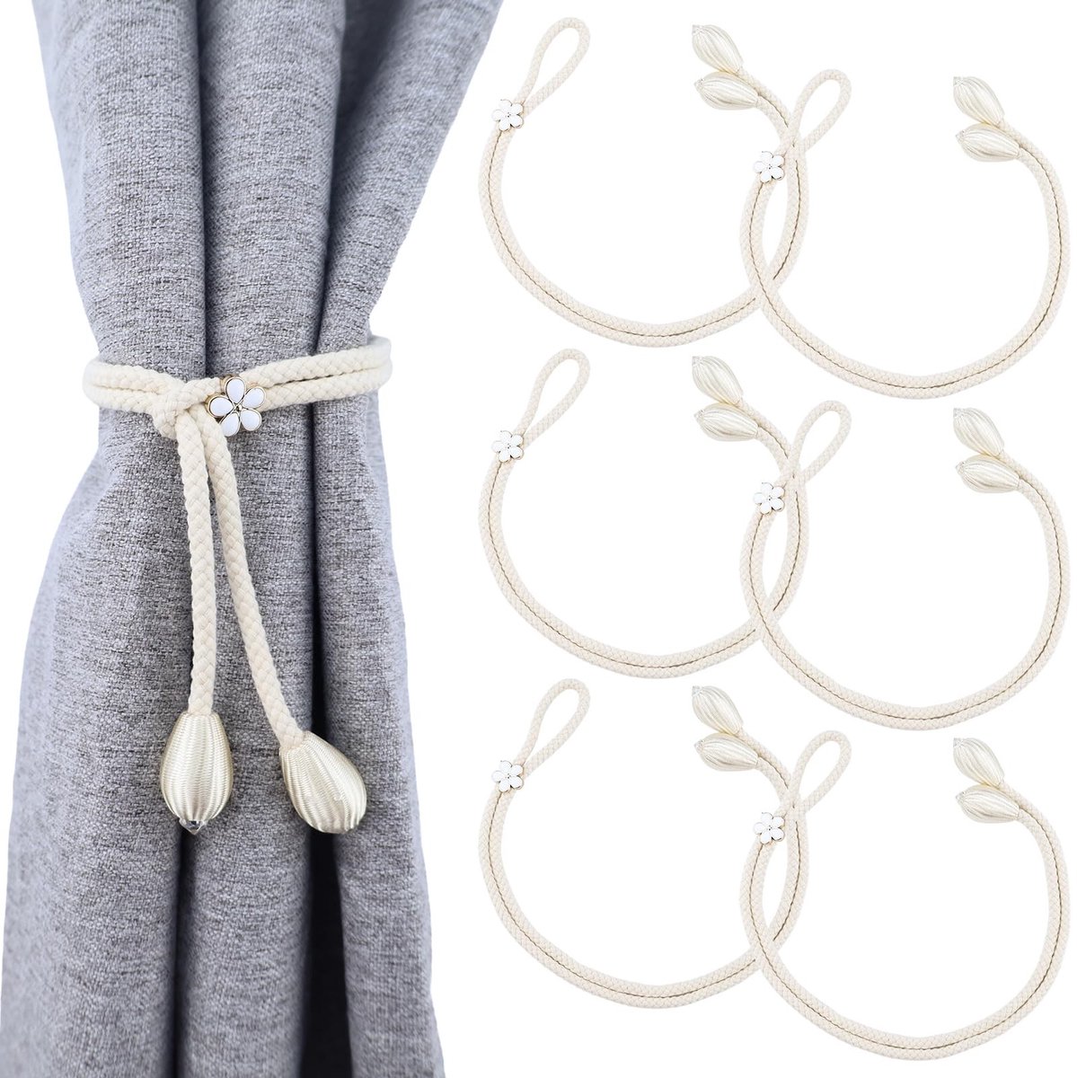 Dailygoods- Gordijnhouder 6 Stuks - Gordijnbanden - Gordijngespen - Handgebreid Katoen - Verstelbare Clips - Duurzaam Jute Koord - Gordijnband