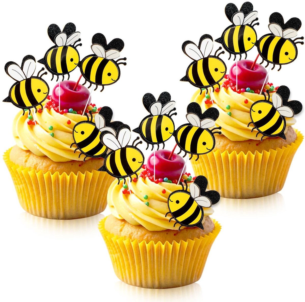 Dailygoods- Bijentaarttoppers 30 Stuks - Dubbellaagse Taartdecoraties - Bijenbeeldjes - Cupcake Decoraties - Bijenthema Feest - Stevig en Duurzaam