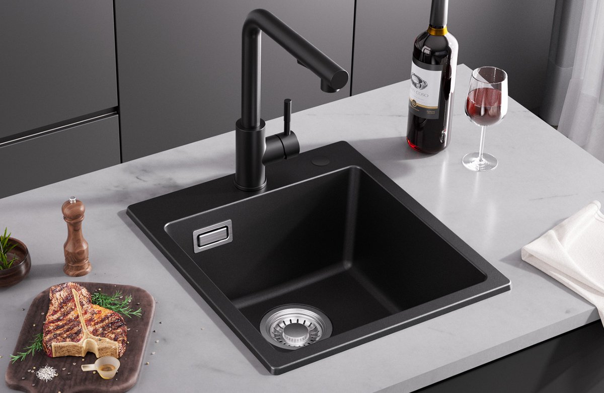 Sofetiy MAX Spoelbak Keuken 40x45 cm - Gootsteen Zwart - Composiet Spoelbak - Enkele Wasbak Met Kraangat - Inclusief Sifon