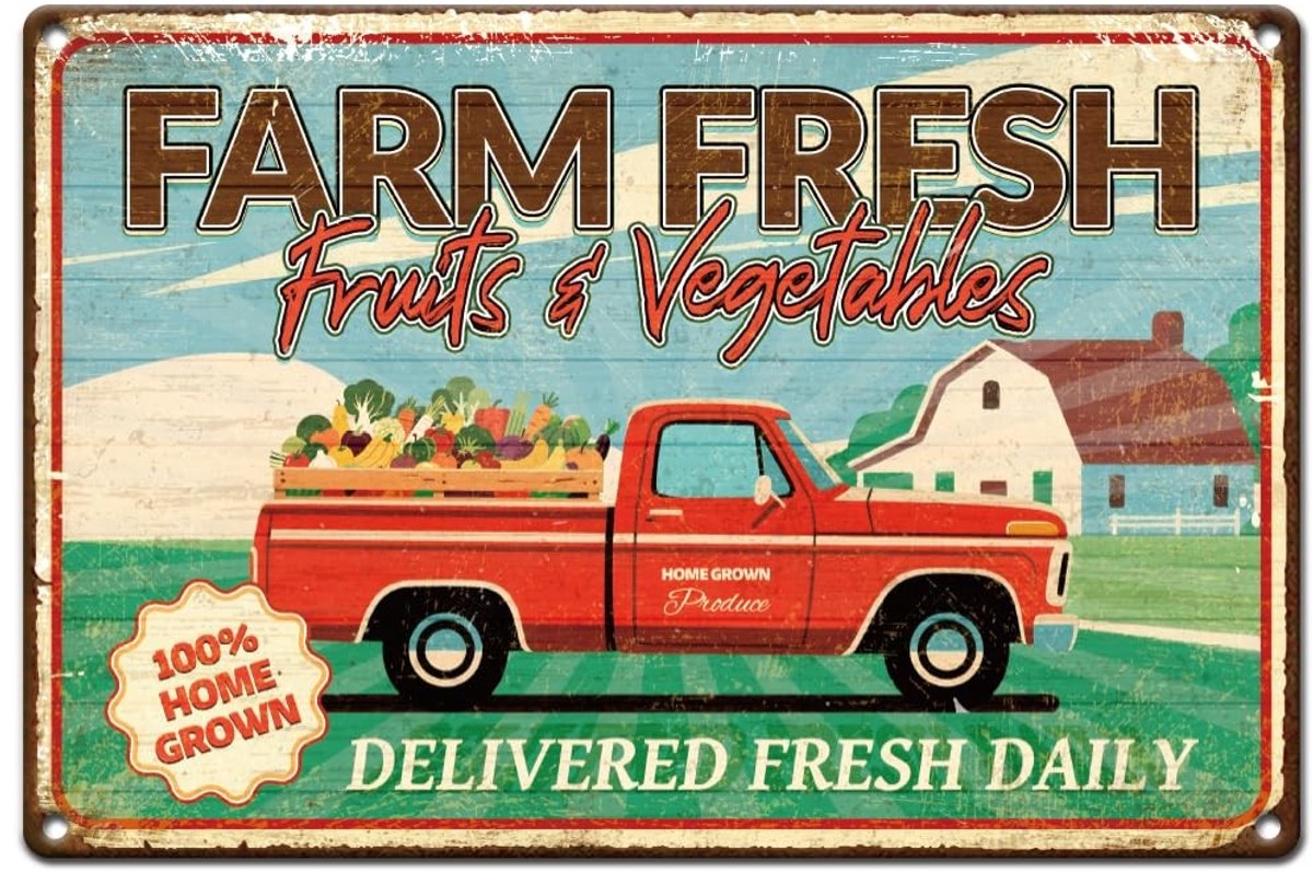 Dailygoods- Tinnen Bord 20 x 30 cm - Vintage Decoratie Bord - Retro Boerderij Vers Bord - Roestige Look - Woondecoratie - Groenten en Fruit Poster - Decoratiebord