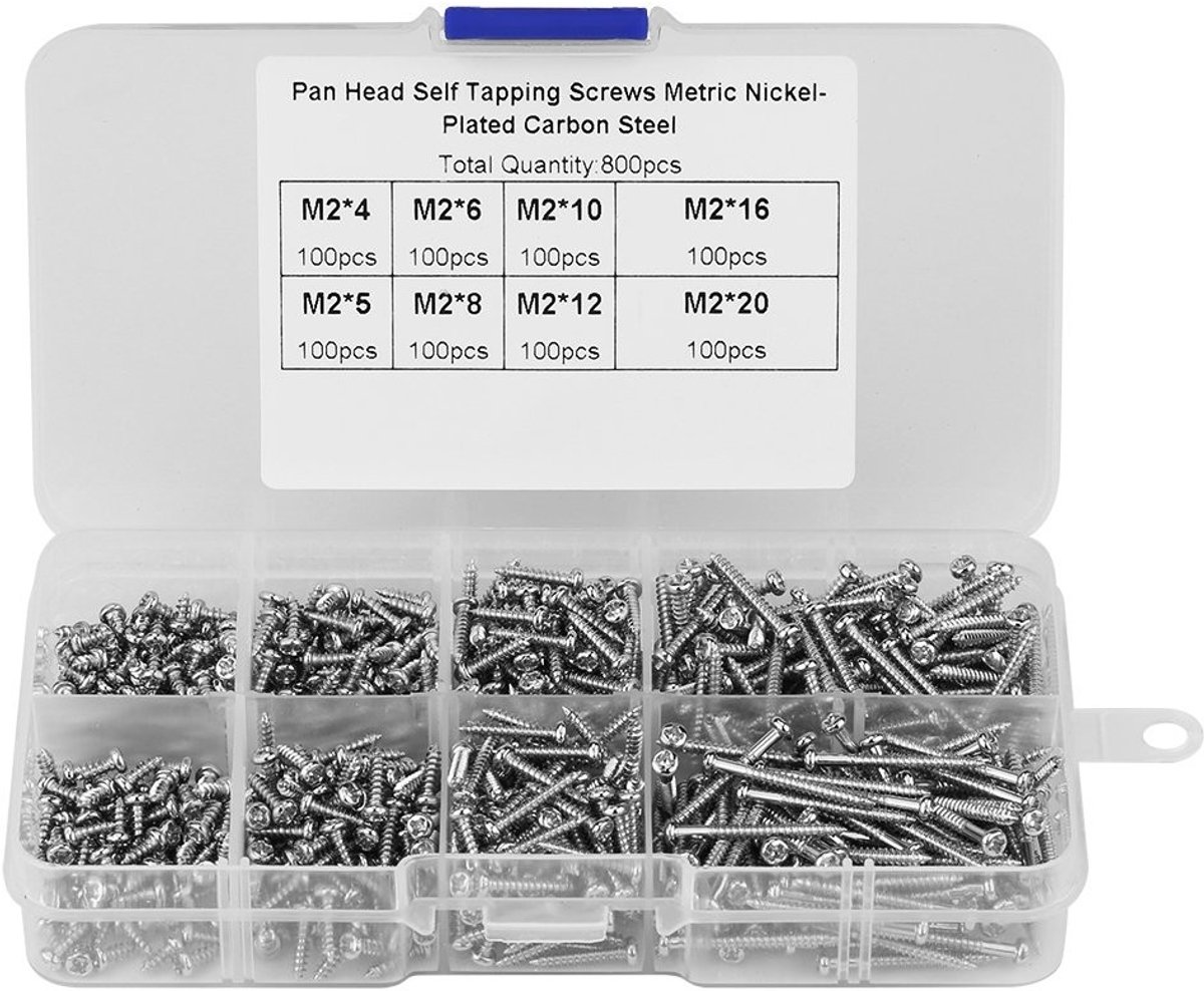 Dailygoods- Zelfborende Schroeven 800 Stuks - Roestvrij Staal - 8 Maten - Platte Kop - Voor Houten Toepassingen - Transparante Opbergdoos