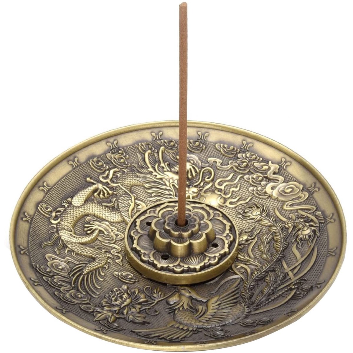 Dailygoods- Wierookbrander Retro - Wierookhouder - Messing Pot - Draken/Feniksmotief - Afneembare Sokkel - Vijf Gaten voor Wierookstokjes