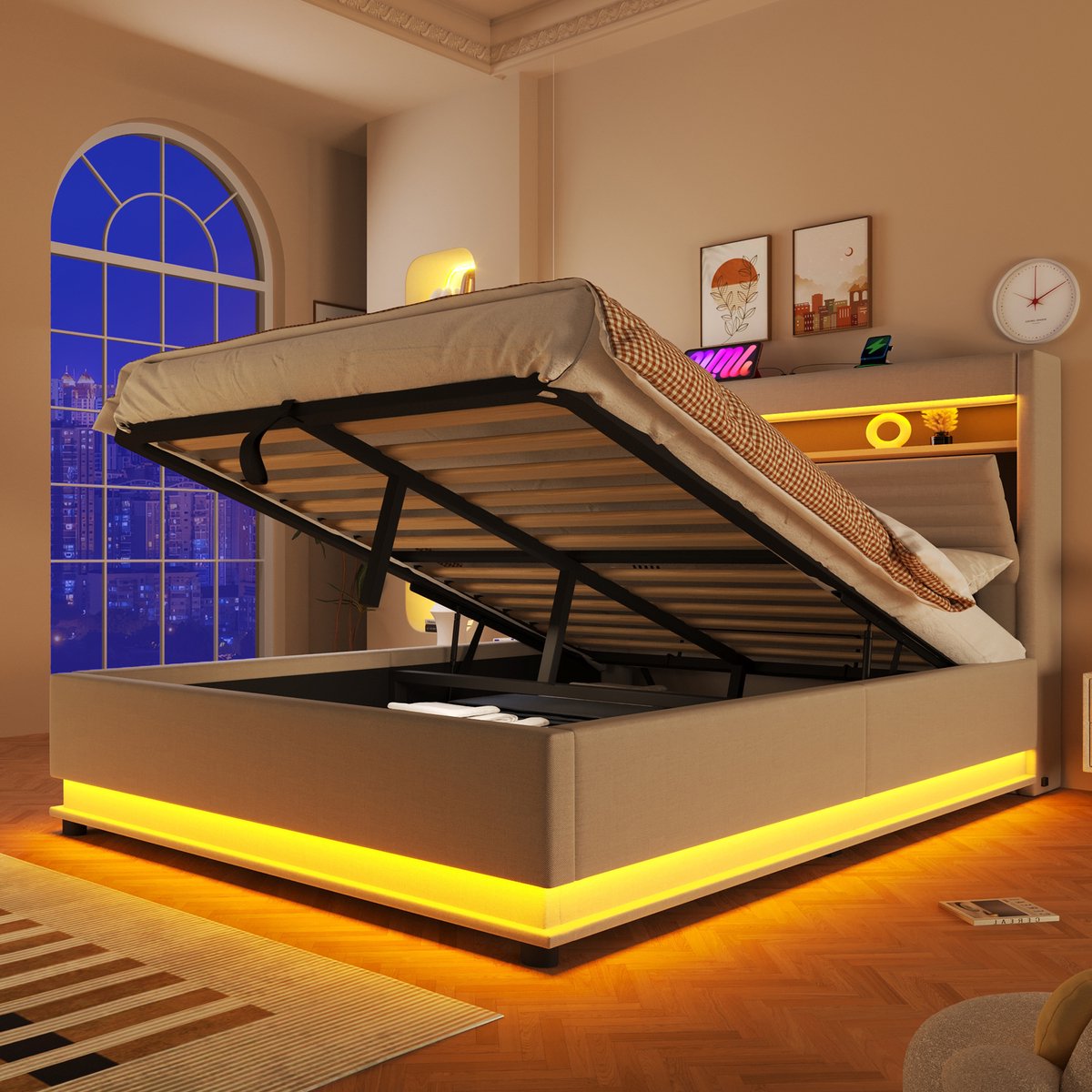 HAUSS SPOLE Gestoffeerd Bed 140x200cm - Met USB En Type C, LED En Opbergruimte - Zonder Matras - Linnen - Beige