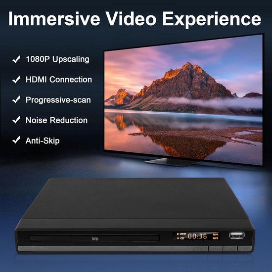 DVD Player HDMI Region Free DVD Player for TV, 1080P Upscaling, USB Input, Breakpoint Memory, Built-in PAL NTSC, DVD/CD Players Play All Regions and Multiple Formats for Home — afbeelding 4