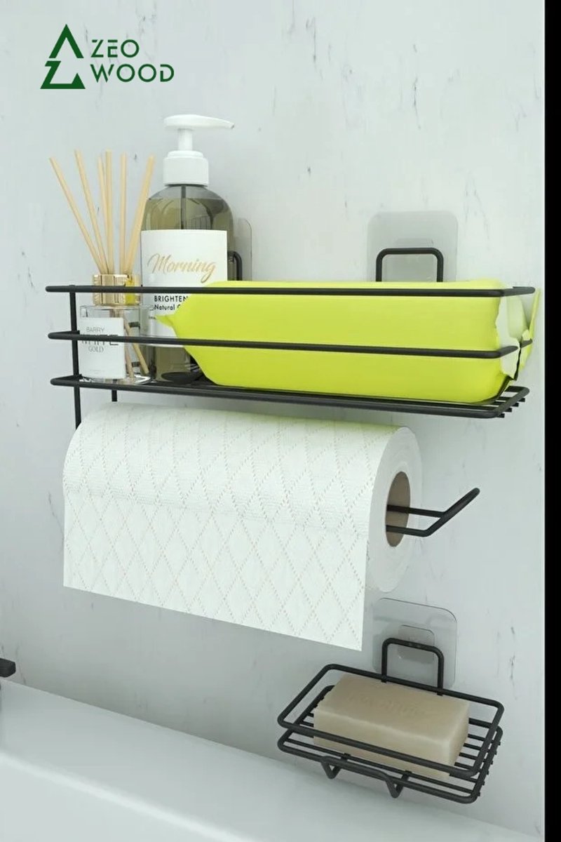 Zeo Wood® - Keukenrolhouder met Zeephouder - Papierrolhouder - Wandkeukenrolhouder Zonder Boren met Zeephouder - Handdoekhouder